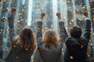 Group of three individuals enthusiastically celebrating, fists raised in triumph, as colorful confetti falls around them in a lively atmosphere filled with sparkling lights