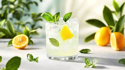 Fototapeta premium A glass of lemonade with a lemon slice on the rim and green leaves surrounding it, surrounded by lemons