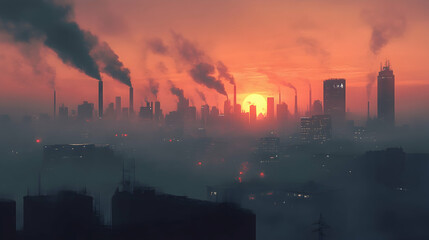 City skyline shrouded in smog, representing air pollution and global environmental concerns -
