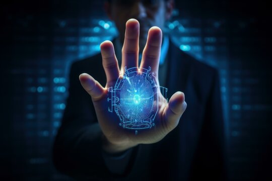 Businessman using futuristic technology, holding glowing orb in palm of hand, concept of innovation and technological advancement