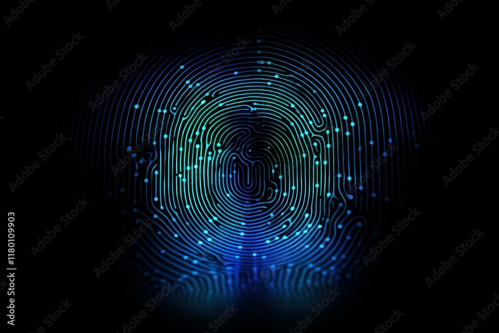 Wall mural fingerprint glowing with electronic circuits, symbolizing biometric identification and data security