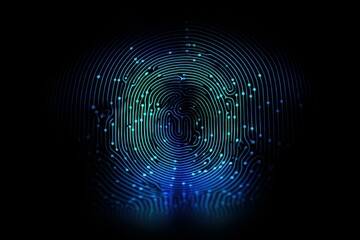 Fingerprint glowing with electronic circuits, symbolizing biometric identification and data security