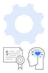 Large blue cogwheel representing process. Human head with brain and heart symbolizing cognitive and emotional intelligence. Certificate illustrating achievement. Ideal for education, personal growth