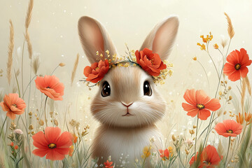 Adorable bunny with flower crown in a meadow of blooming wildflowers