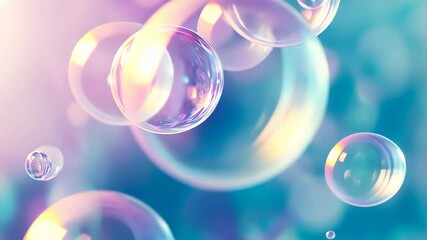 Colorful soap bubbles floating against blurred pastel background in blue, pink, and purple. Video for social media posts, birthday, greeting animation cards, blog posts, advertising, wallpaper