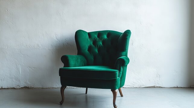 Empty white wall background with a green armchair in the foreground in a living room.