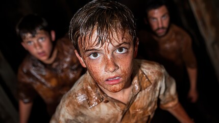 A group of young boys covered in mud in a dark room