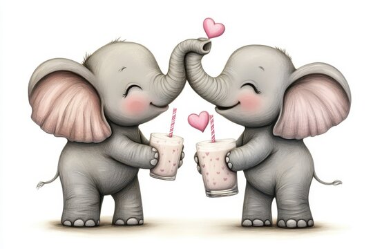 Adorable Baby Elephant Couple Sharing a Milkshake with Heart Balloons - Powered by Adobe