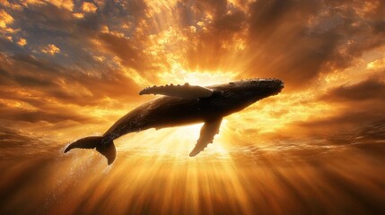 Naklejka premium A humpback whale jumping out of the water at sunset
