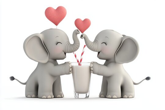 Adorable Baby Elephant Couple Sharing a Milkshake with Heart Balloons