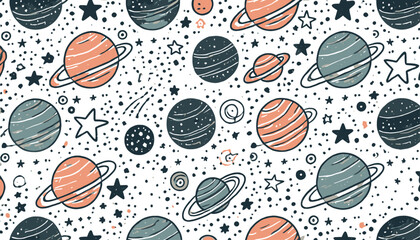 planet and star doodle seamless pattern in a whimsical vector design