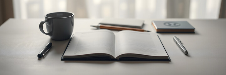 Clean minimalist desktop scene with empty notebook and coffee. Perfect for education, writing, planning, creativity, business, and productivity concepts.