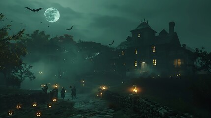 Spooky Halloween Night Scene With Haunted House and Trick Or Treaters