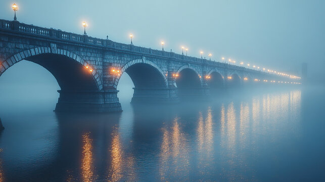 Majestic stone bridge illuminated by streetlights in misty evening atmosphere