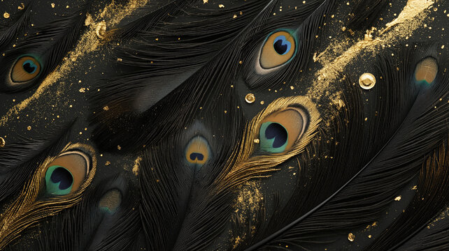 Stylish dark feather texture background. Colorful peacock feathers, Shallow Dof. Peacock feather , close up of black and gold feathers background. Top view