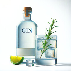 DRINK - Gin Bottle and Glass with Garnish on White Background