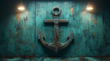 Rusty anchor on teal grunge wall with lights.