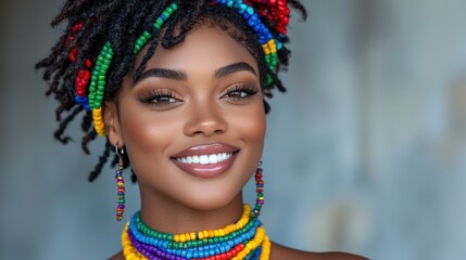 Fototapeta premium A woman wearing a colorful necklace and earrings smiles at the camera