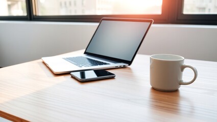 Modern Workspace: Laptop, Smartphone, Coffee Mug on Desk