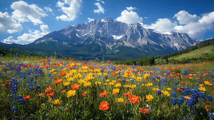Fototapeta premium A vibrant photography of Mount Yamnuska framed by blooming wildflowers, with vivid colors in the foreground contrasting against the towering rocky peak under a sunny sky.
