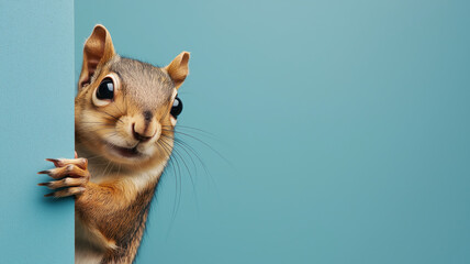 Obraz premium Surprised squirrel, sciurus, cautiously peeks around a corner, against a blue background, created with Generative AI technology. Copy space.