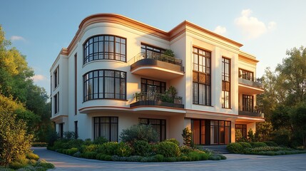 Fototapeta premium Elegant Art Deco Apartment Building at Sunset