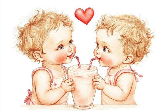 Cute Baby Couple Sharing a Milkshake with Heart Straws