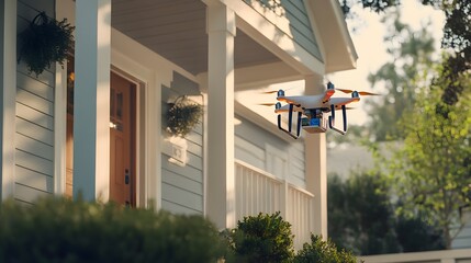 Obraz premium A photo of a drone delivering groceries to a smart home’s front porch.