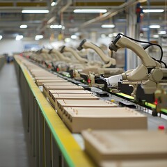 Naklejka premium A photo of a factory assembly line with robotic arms manufacturing products.