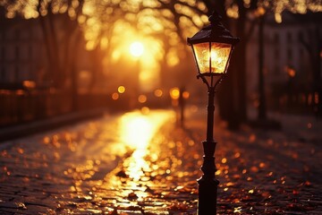 Golden sunset illuminating a cobblestone street with a vintage lamp in the foreground