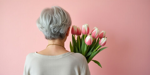 Back view of senior woman with gray hair holding pink tulips, pink background with copy space 