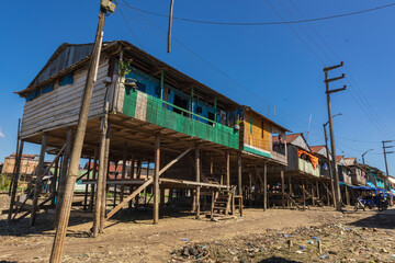 Iquitos, Peru, June 23, 2024. Belen neighborhood is also known as the Venice of the Amazon, here people live in wooden houses built on the Itaya River.