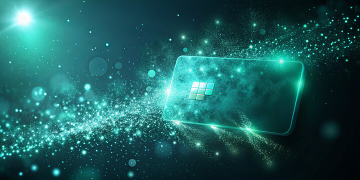 A digital card floats in a dark space, emitting a vibrant glow while surrounded by sparkling particles and ethereal light effects, creating an otherworldly atmosphere