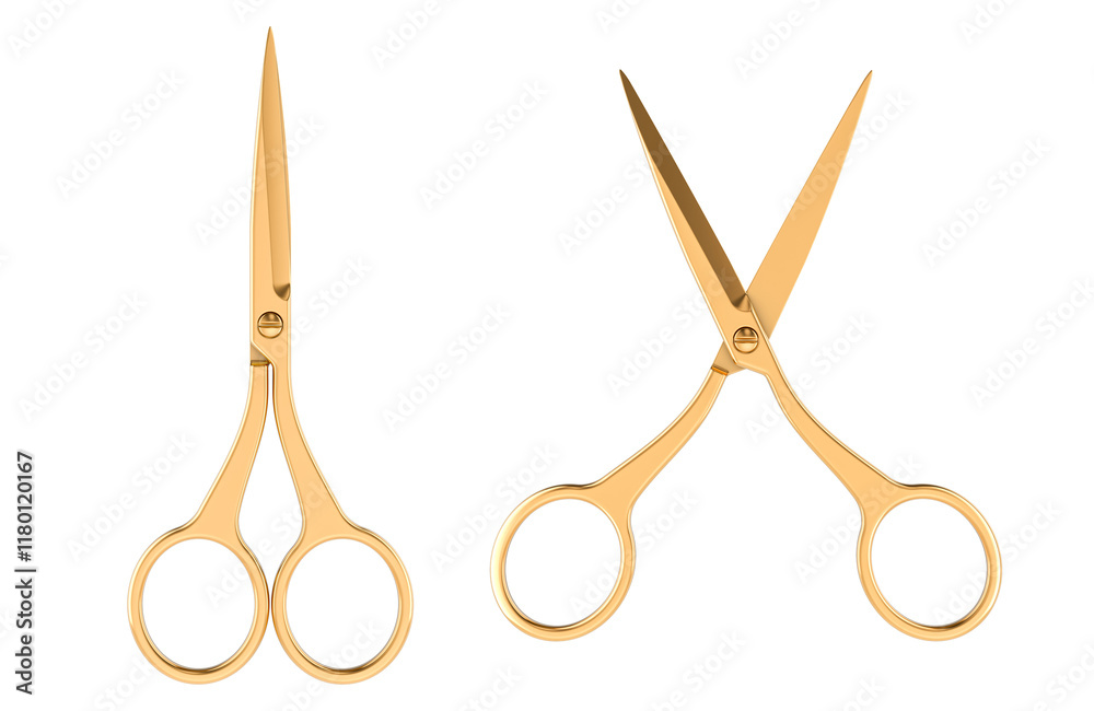 Fototapete Golden Scissors, opened and closed, top views. 3D rendering isolated on transparent background