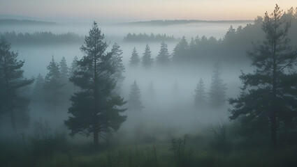 Fototapeta premium Mystical forest landscape shrouded in mist with towering pine trees and soft morning light