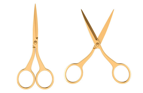 Golden Scissors, opened and closed, top views. 3D rendering isolated on transparent background