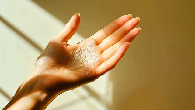 An Asian young adult woman's hand gracefully holds sparkling glitter in sunlight, conveying notions of magic and delicate beauty. This scene captures a serene and whimsical mood.