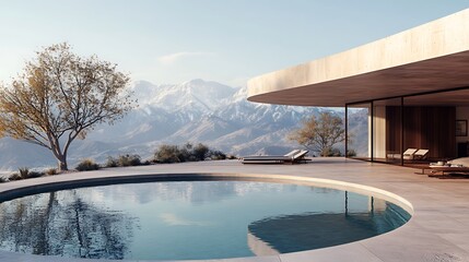 Fototapeta premium Modern Outdoor Poolside Retreat with Stunning Snow-Capped Mountain Views and Luxurious Minimalist Design