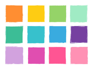 Colorful vector set with square doodle box shapes with rough edges, paint brush text frames for kids school designs, Easter labels