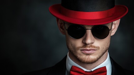 A man wearing a red bow tie and a black top hat