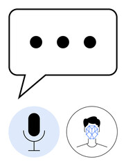 Speech bubble with three dots, microphone icon, and face recognition sketch. Ideal for tech, AI, voice commands, biometrics, communication, human-machine interaction abstract line flat metaphor