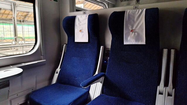 Wroclaw, Poland - 13th October 2024: Inside Intercity passanger's train from Wroclaw to Warsaw. Renovated compartment with passanger's seats.