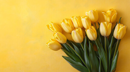 Naklejka premium Vibrant yellow tulips arranged against a bright backdrop, perfect for spring-themed designs, floral promotions, or cheerful greetings for occasions like Easter.