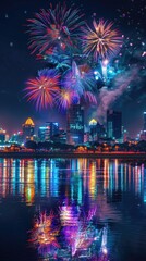Vibrant Night Cityscape with Fireworks and Water Reflections, Generative AI
