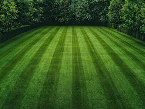 lush green lawn with perfectly mowed stripes, surrounded by dense trees and hedges, creating serene outdoor space