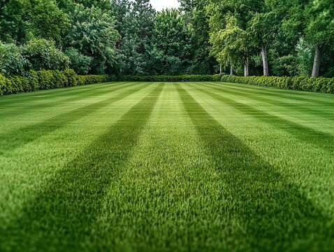 Lush green lawn with precise mowing patterns surrounded by dense trees in serene outdoor setting