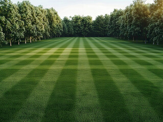 Obraz premium well maintained green lawn with striped pattern surrounded by lush trees in park during daylight
