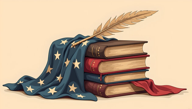 Vintage American books with patriotic flag and quill pen celebrating literary heritage