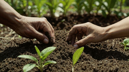 Hands Collaboratively Planting a Seedling in Soil, Highlighting Environmental Conservation, Nurturing of New Life, and Community Efforts in Eco-Friendly Practices