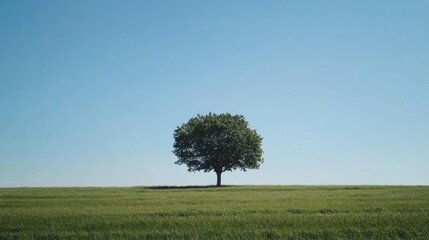 Solitary tree in a vast green field under a clear blue sky.